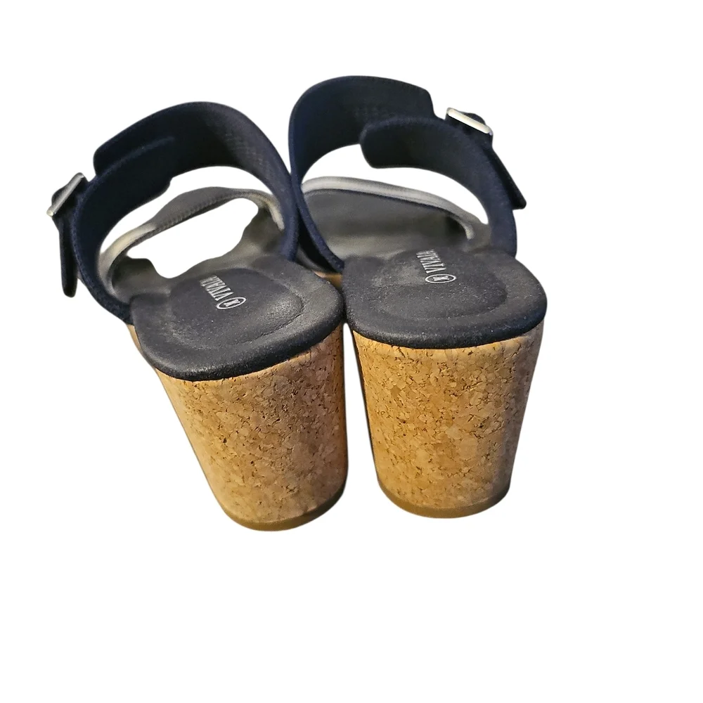 Vivaia Sammy 39 Adjustable Strap Cork Wedge Sandals Navy Sz 8/8.5 SH446